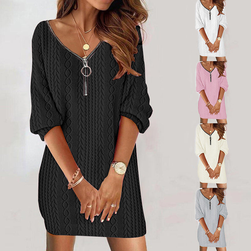 Women's Simple Solid Color And Knitted Long-sleeved Dresses