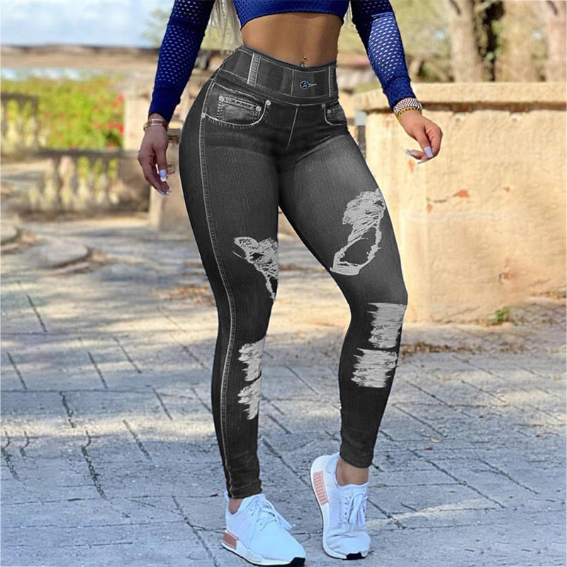 Women's High Waist Elastic Imitation Denim Fitness Leggings