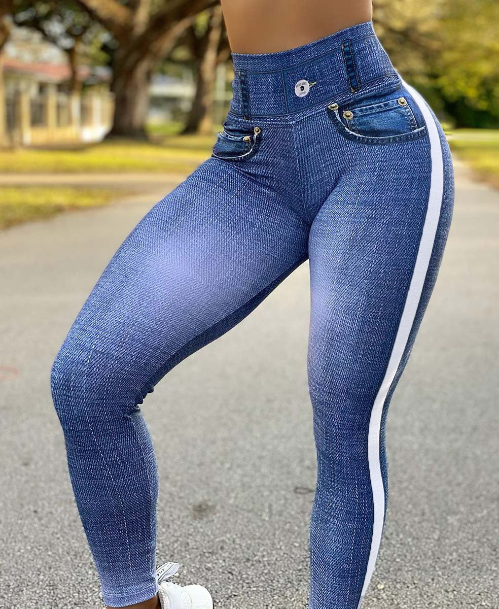 Women's High Waist Elastic Imitation Denim Fitness Leggings