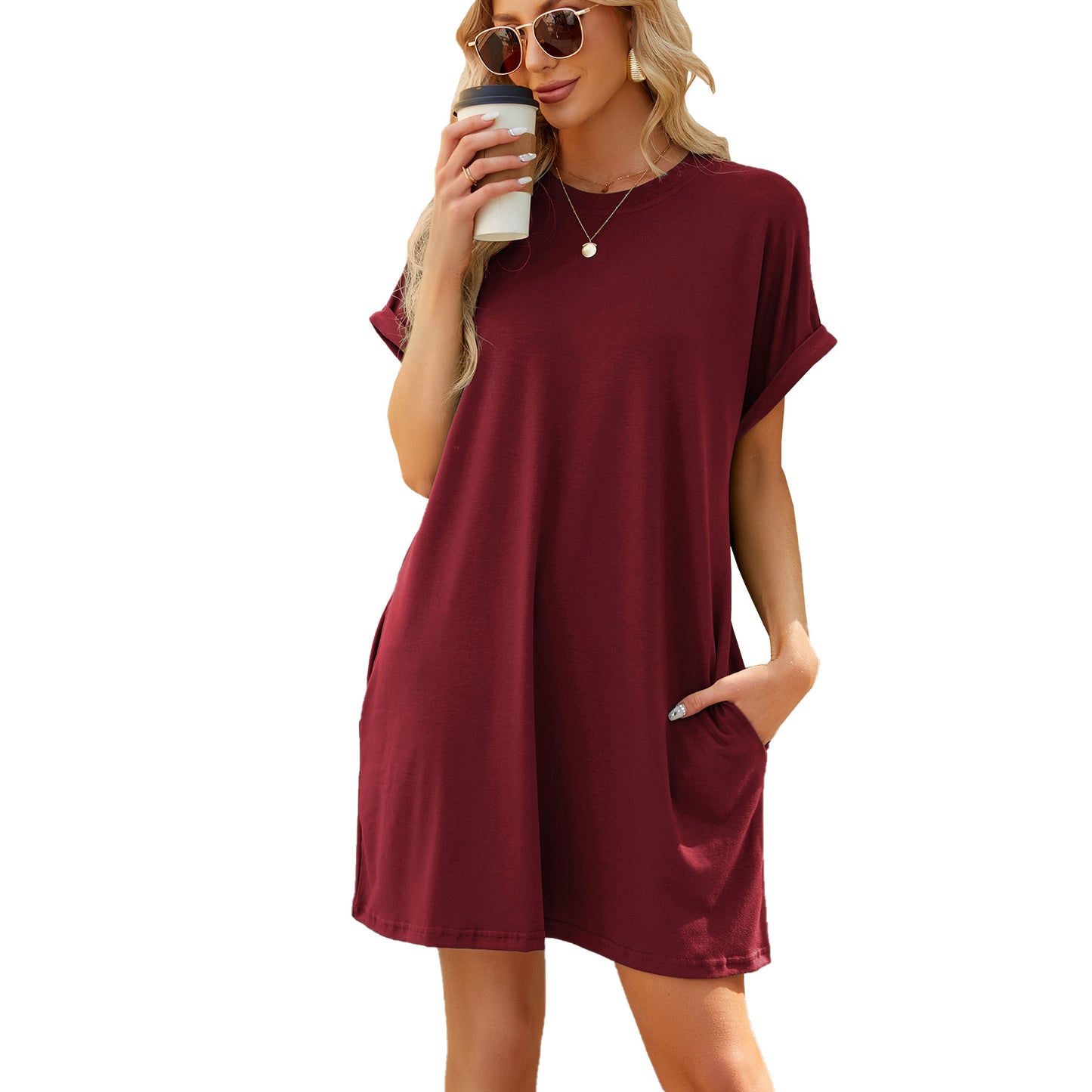 Solid Color Round Neck Pocket Loose Dresses