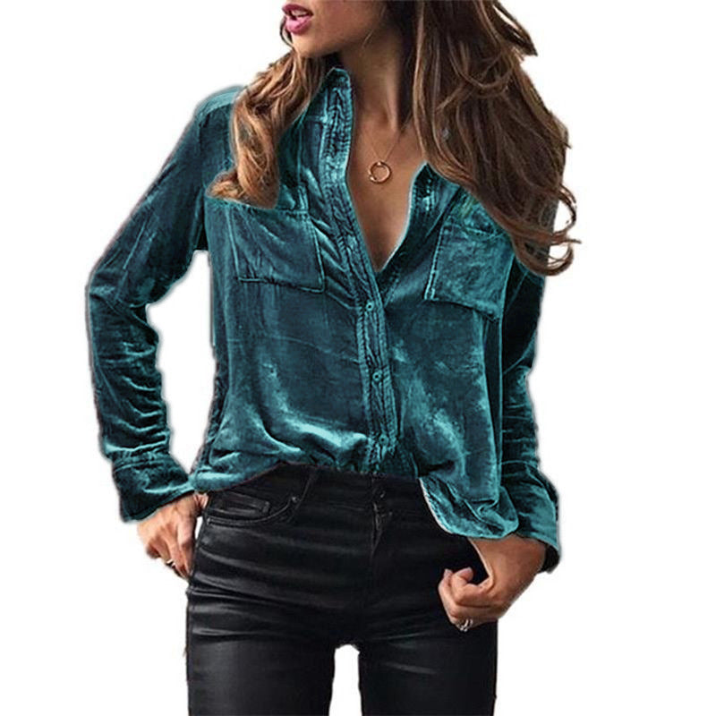 Women's Pocket Solid Color Temperament Long Sleeve Blouses