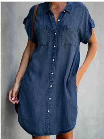 Women's Lapel Sleeve Slim Denim Shirt Dress Dresses