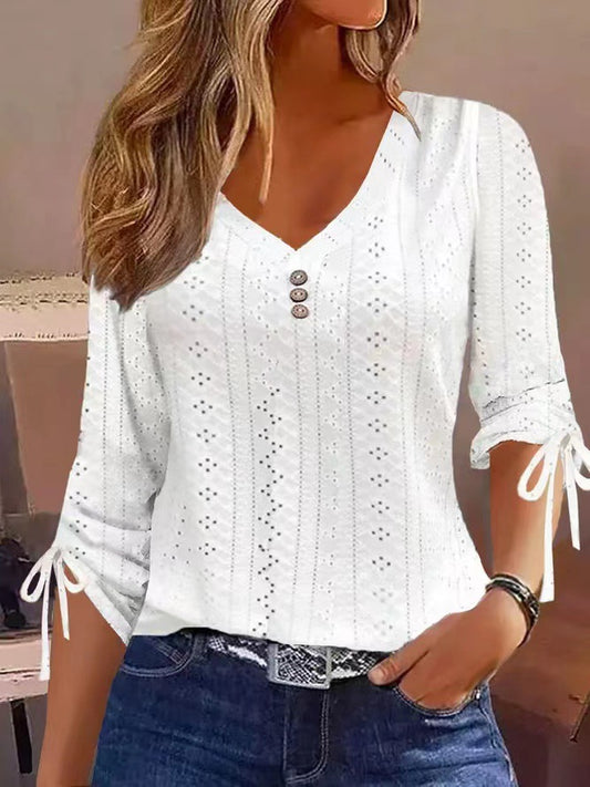 Solid Color Jacquard Button Long-sleeved T-shirt Blouses