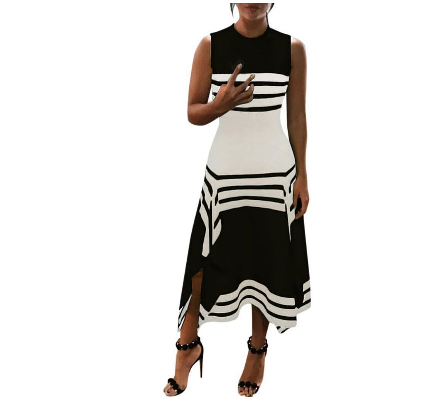 Fashion Round Neck Sleeveless Striped Printed Elegant Stitching Dresses