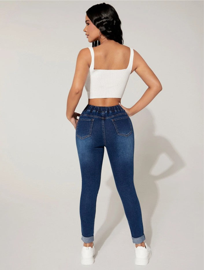 Women's Cropped Drawstring Elastic Waist High Skinny Jeans