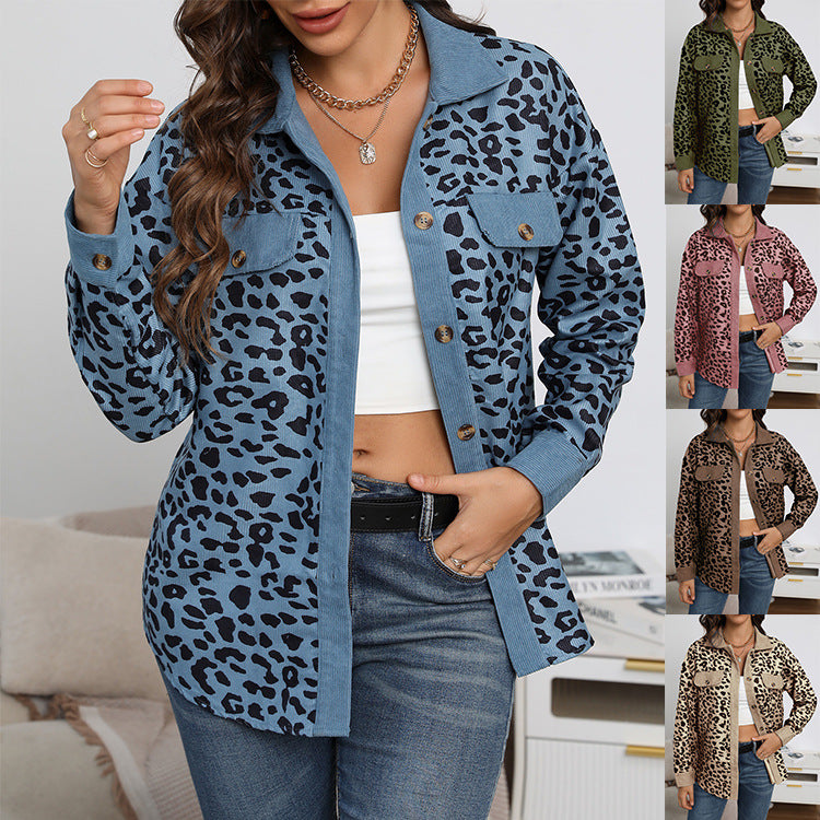 Women's Fashion Leopard Print Corduroy Button Long Jackets