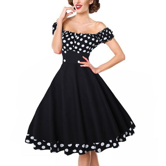 Women's Retro Hepburn Style Tight Waist Polka Dot Bow Stitching Dresses