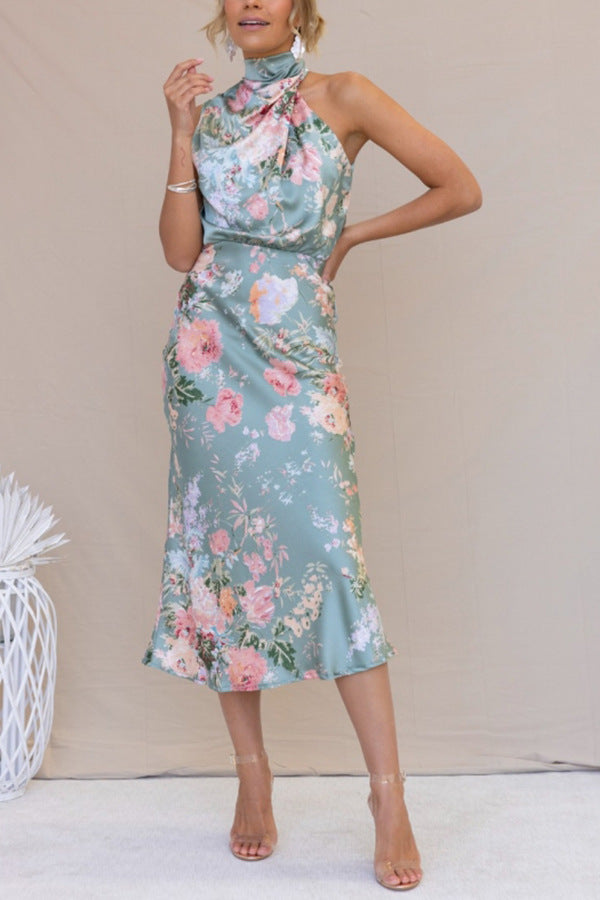 Women's Mature Elegant Sleeveless Halter Printed Satin Dresses