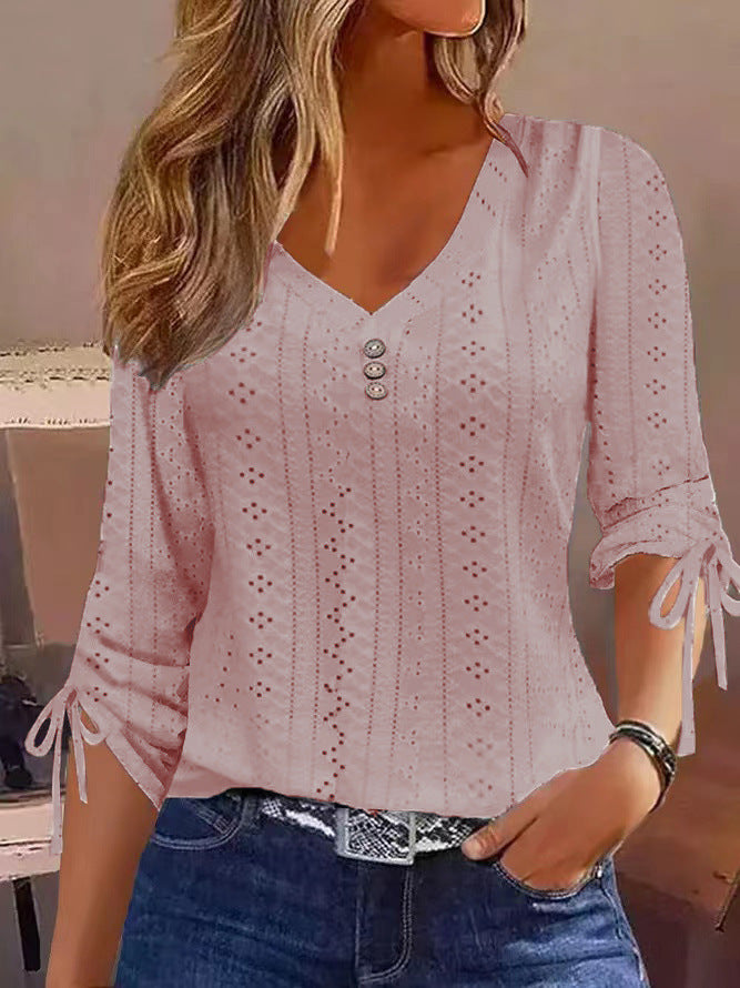 Solid Color Jacquard Button Long-sleeved T-shirt Blouses