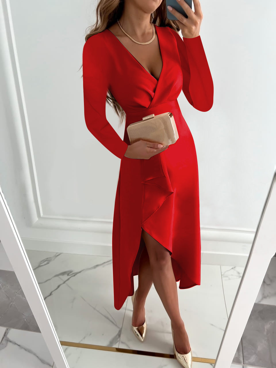 Women's Long-sleeved V-neck Pleated Slit Hemline At Dresses