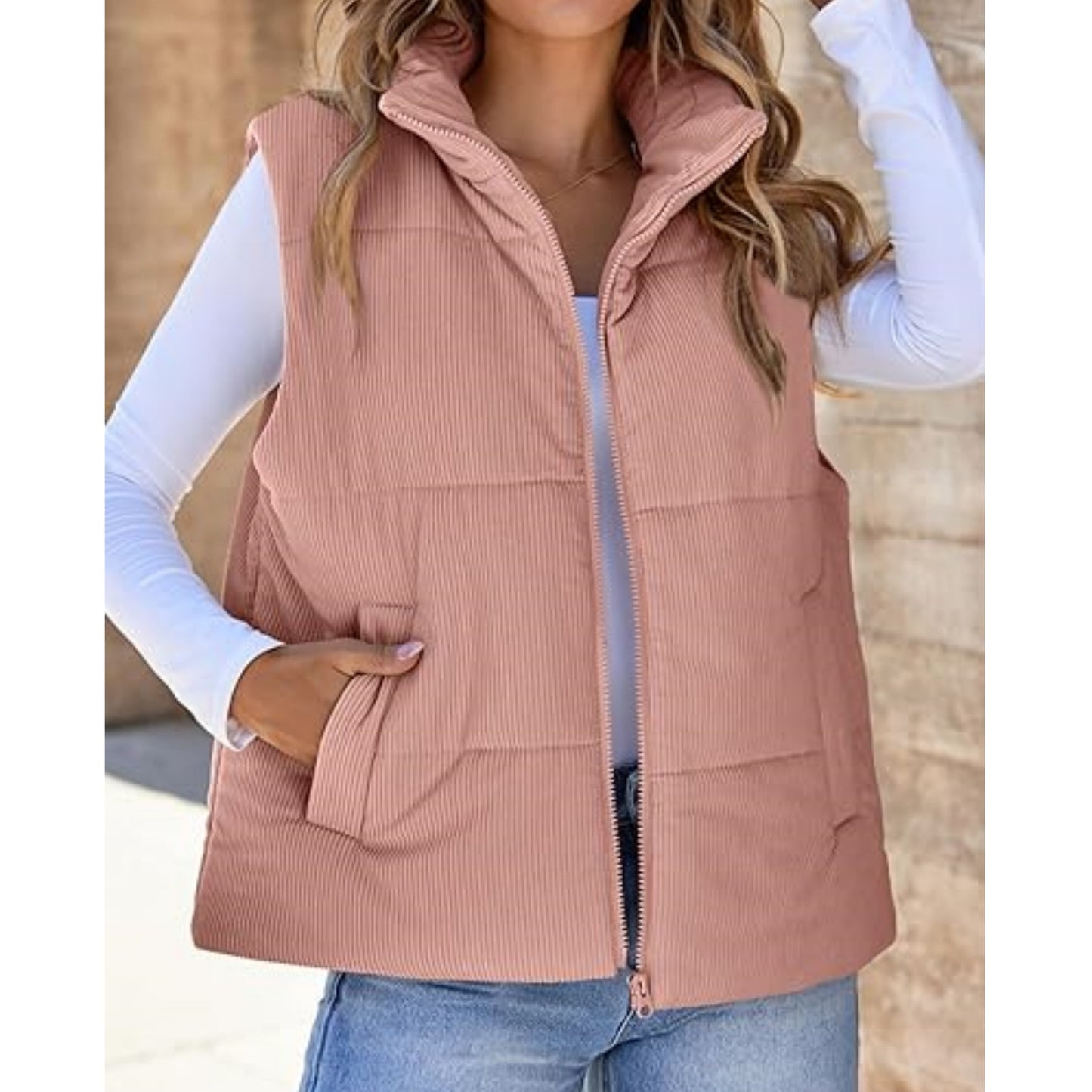 Women's Corduroy Fashion Casual Pocket Placket Zipper Vests