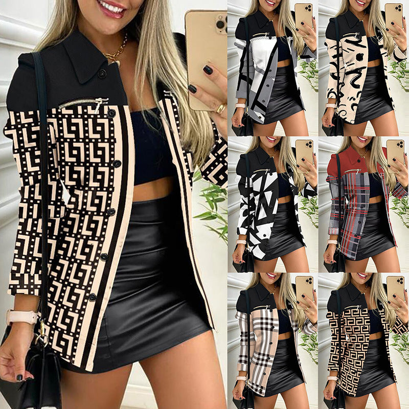 Women's Matching Printing Lapel Temperament Commute Small Coats