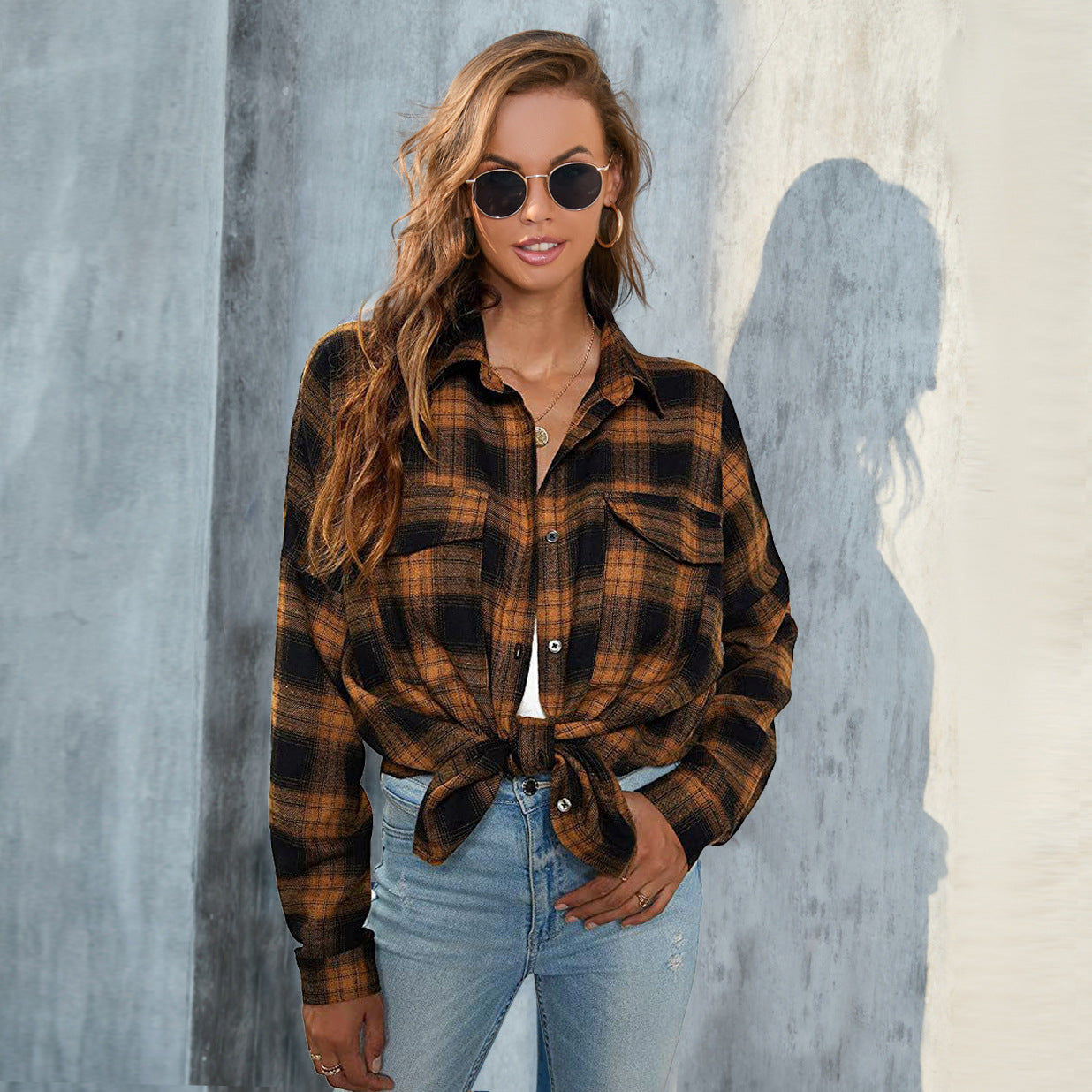 Women's Long-sleeved Plaid Button Shirt With Full Blouses