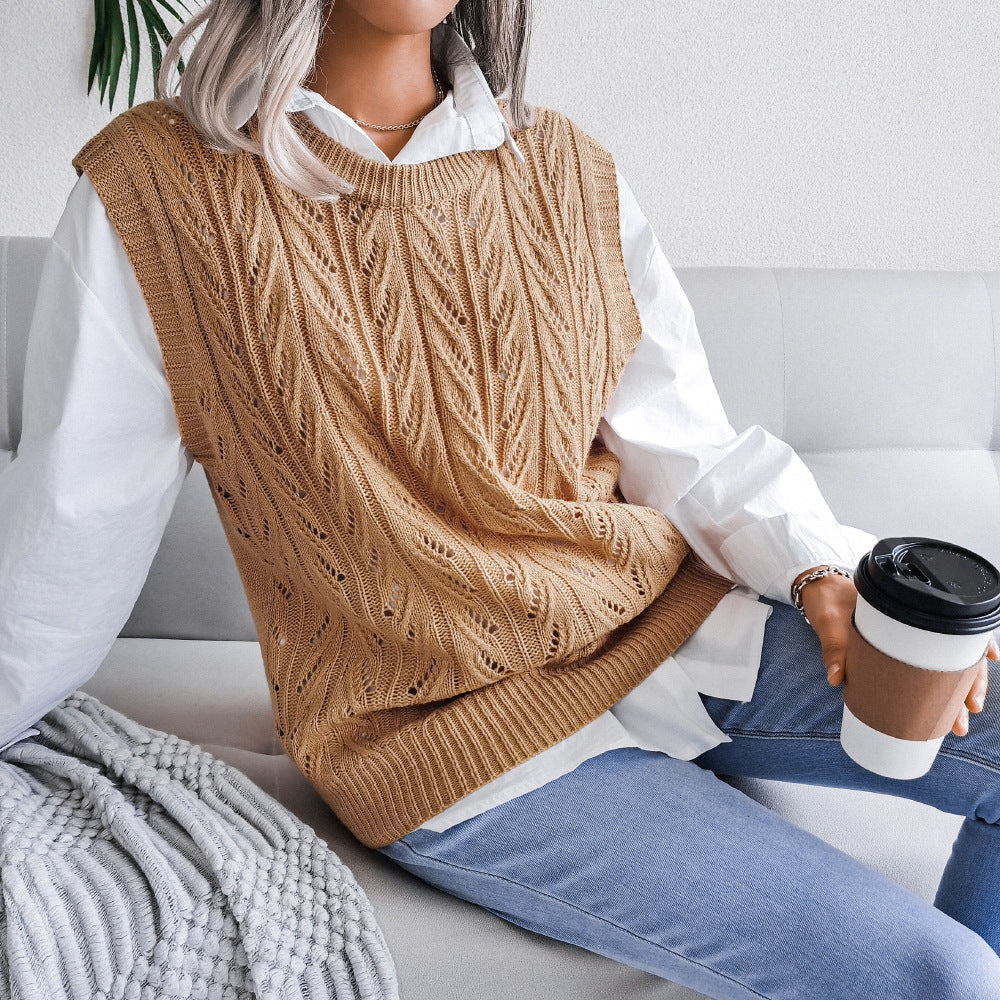 Women's Round Neck Hollow Leaves Casual Knitted Vests