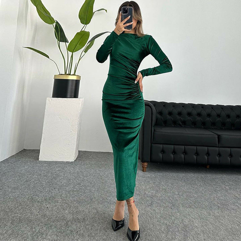 Women's Solid Color Slim Pleated Round Neck Dresses