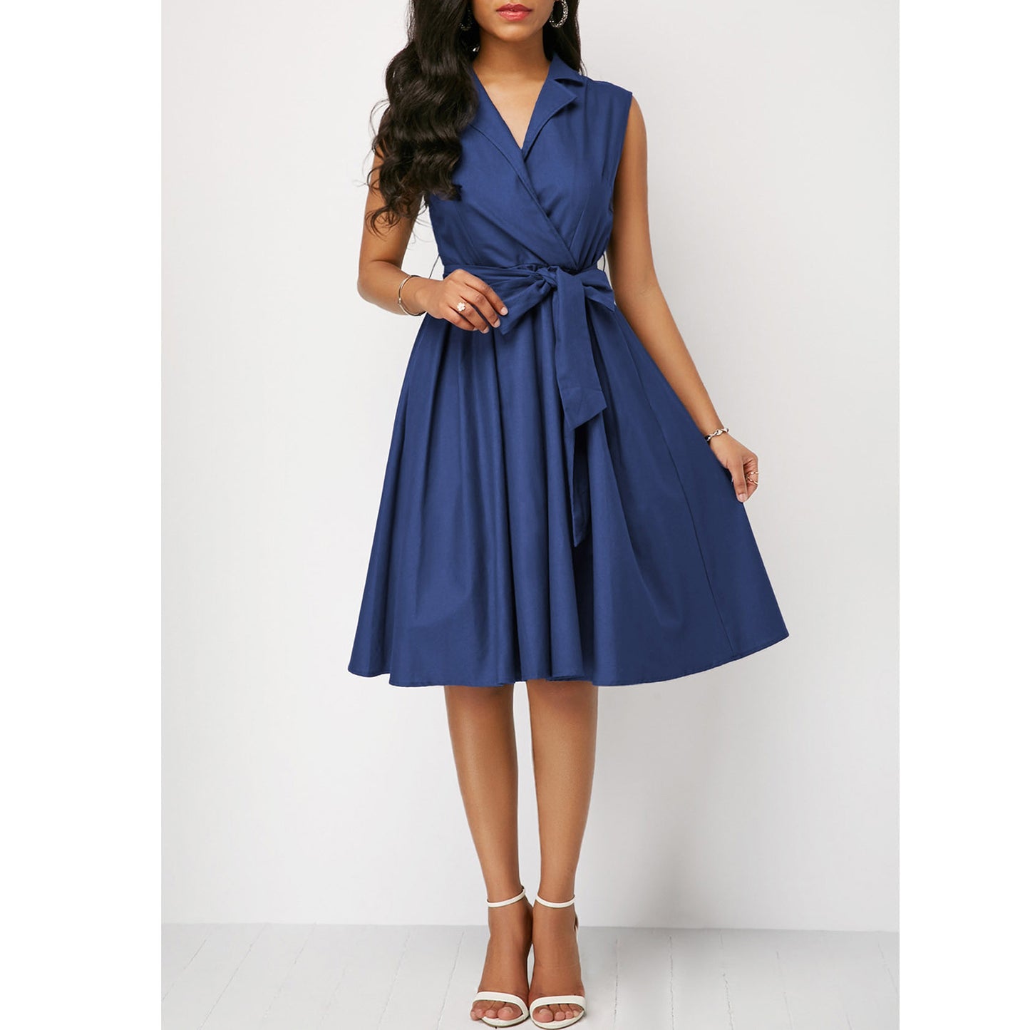 Women's Solid Color Waist Tight Sleeveless Lapel Tied Commuter Mid-length Dresses