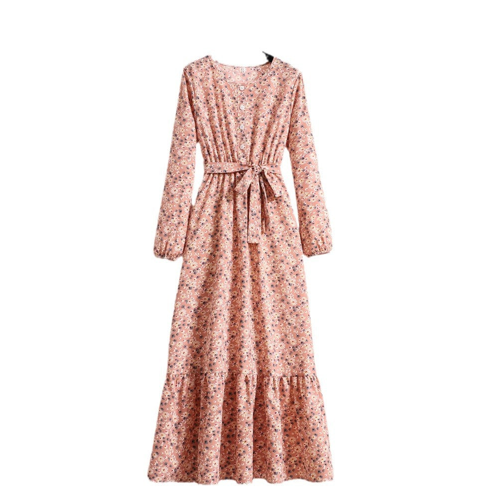 Women's Vintage Floral Long Sleeve Dress Waist Dresses