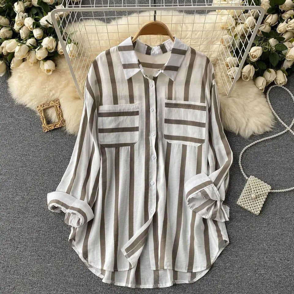 Stripes Shirt Female Korean Style Casual Blouses