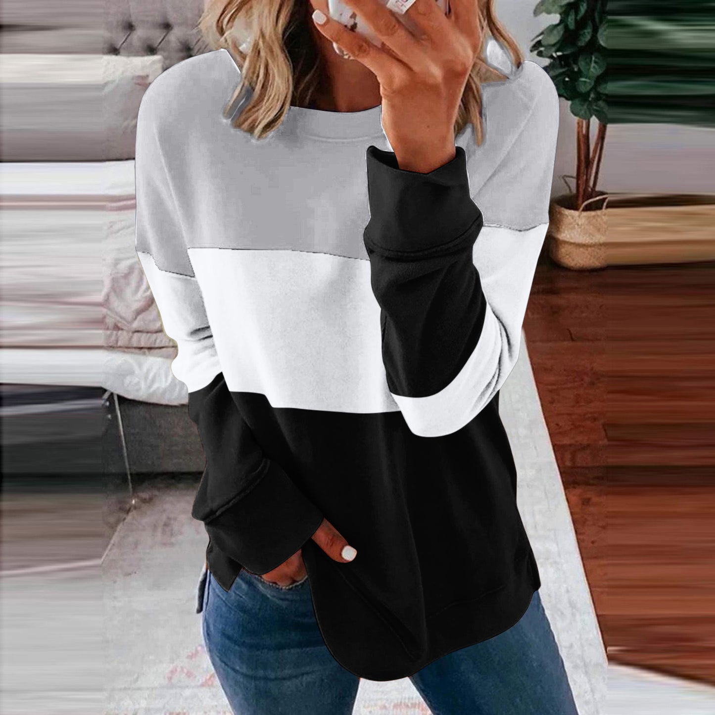 Women's Color Matching Contrast Casual Loose Pullover Blouses