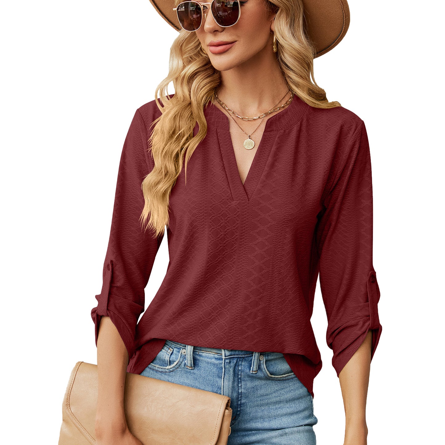 Women's Color And Three-quarter Sleeve Button Loose-fitting Blouses