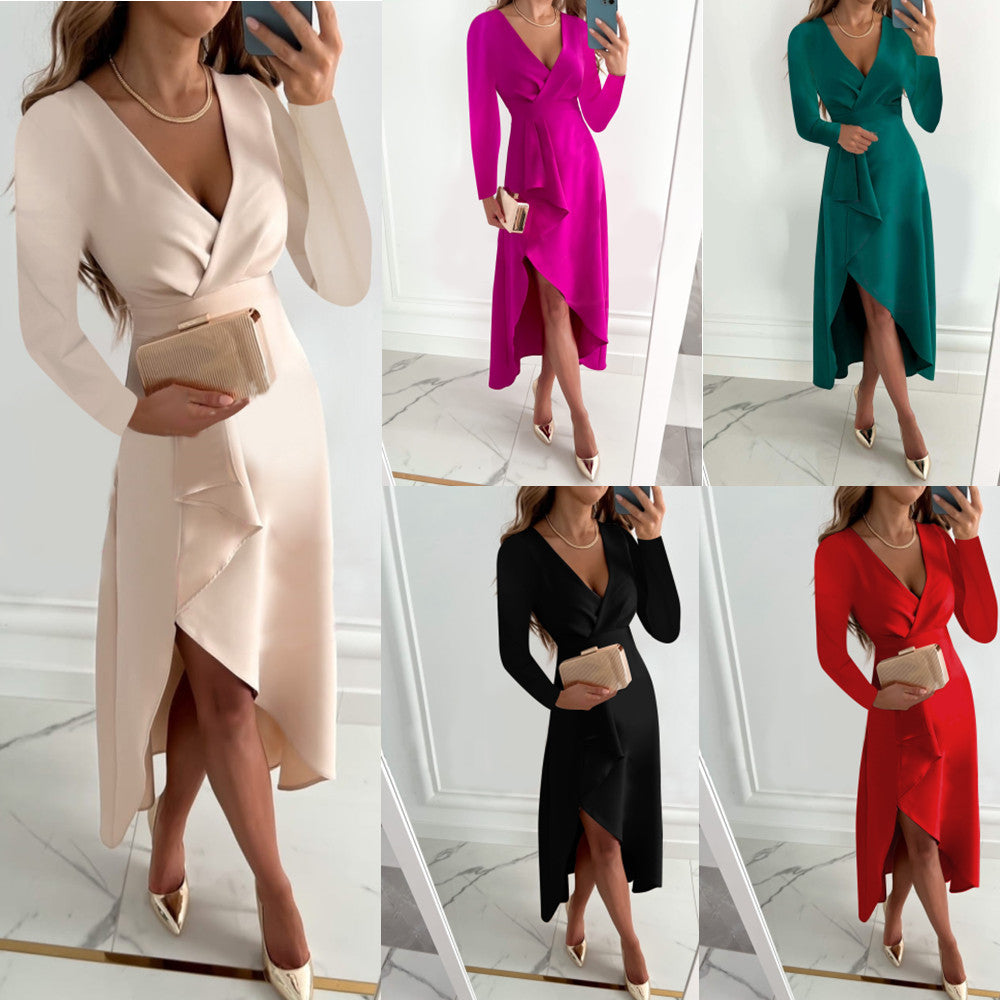 Women's Long-sleeved V-neck Pleated Slit Hemline At Dresses