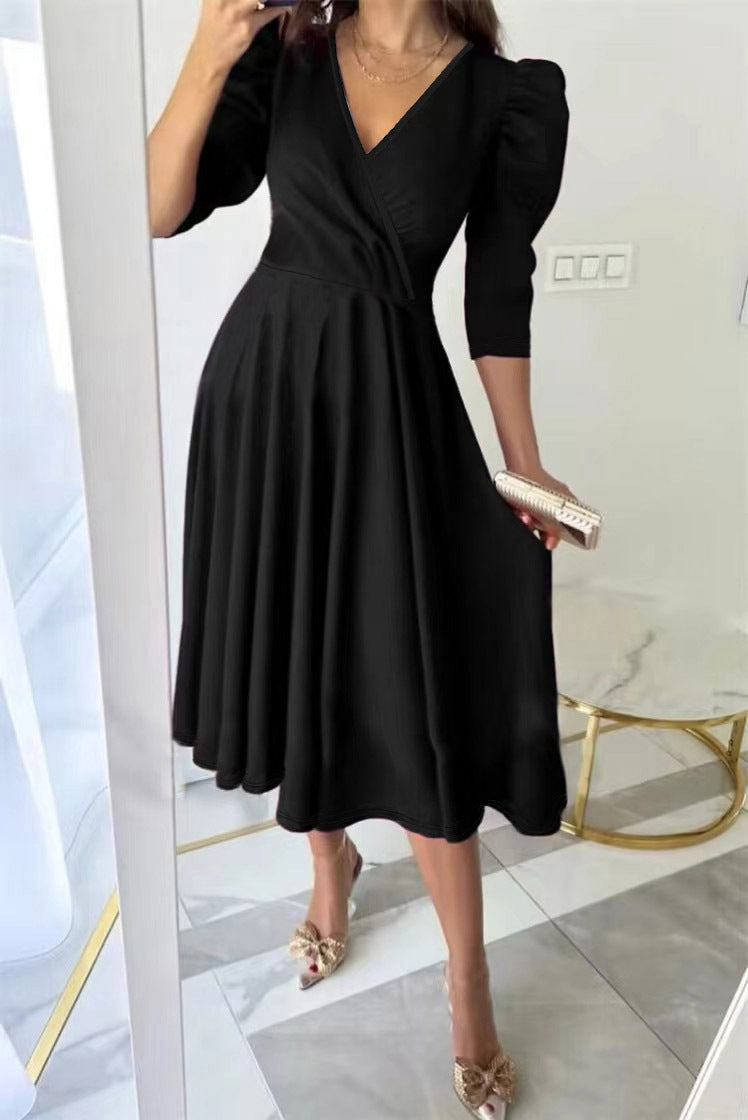 Women's Color Pleated Waist Tight Sleeve Swing Dresses