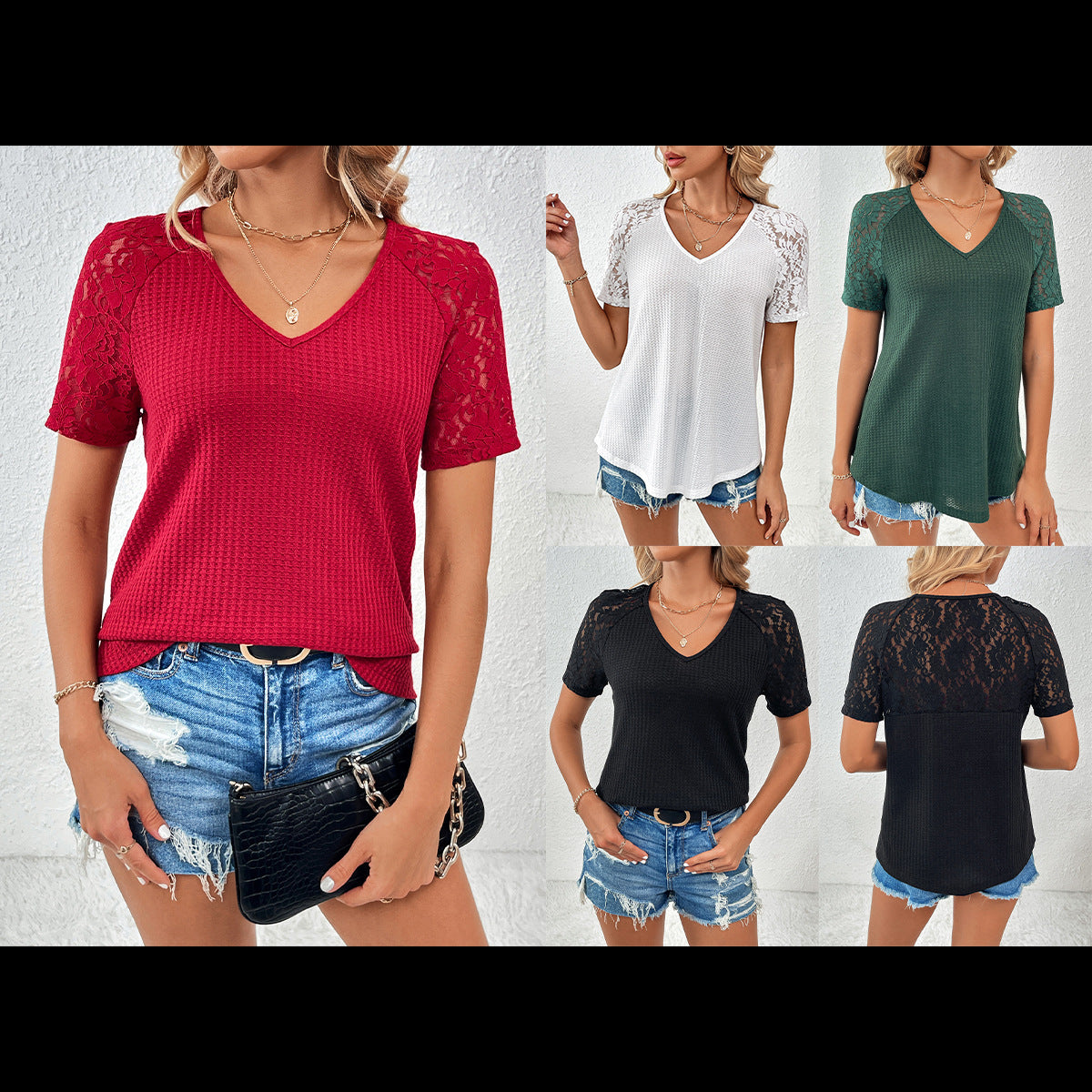 Women's Summer Hollow Lace Loose T-shirt Sleeve Tops