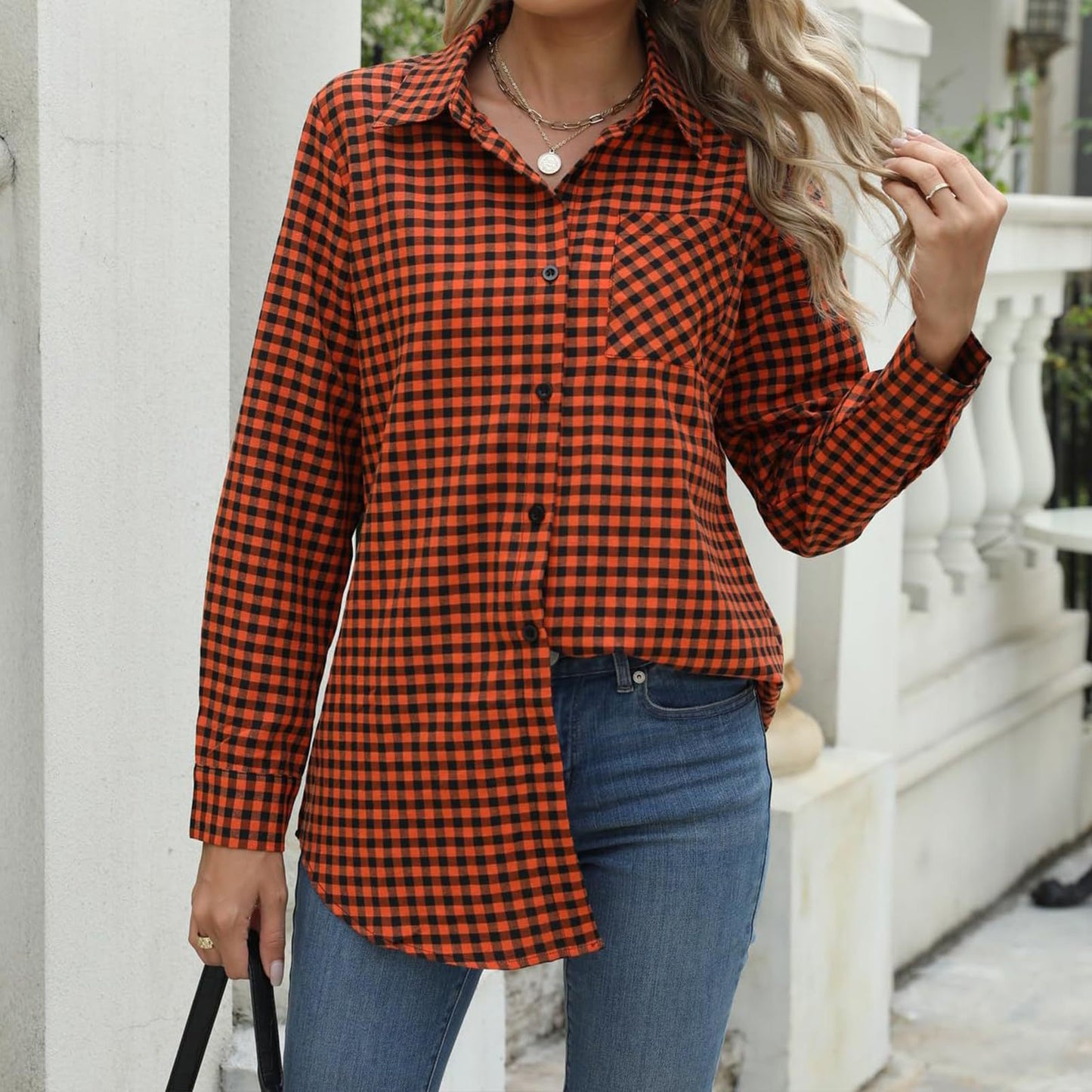 Women's Printed Plaid Shirt Lapel Loose Blouses