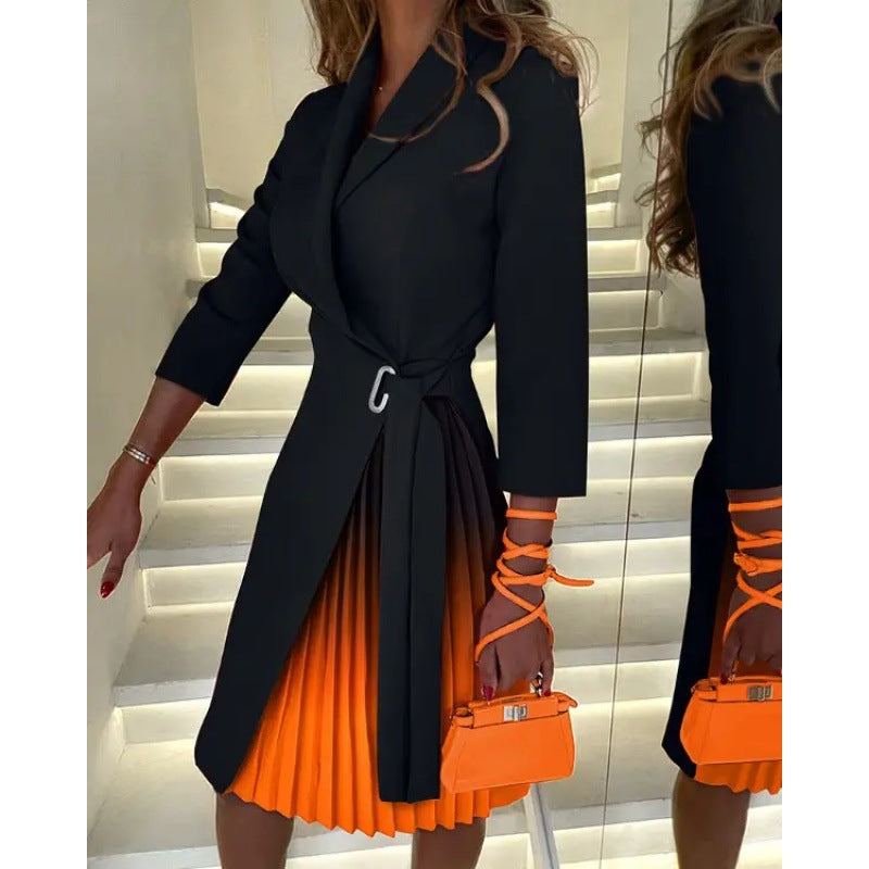 Slouchy Collar Tie Waist-tight Mid-sleeve Pleated Dresses