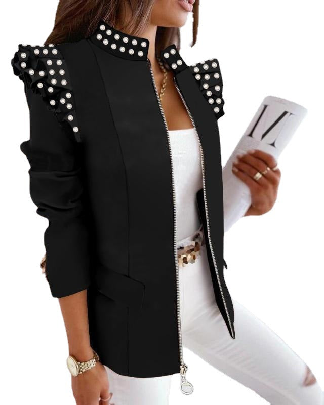 Women's Ruffled Long Sleeve Zipper Print Blazers