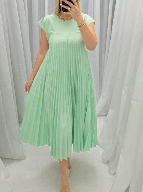 Women's Fashion Round Neck Sleeveless Pleated Dress Dresses