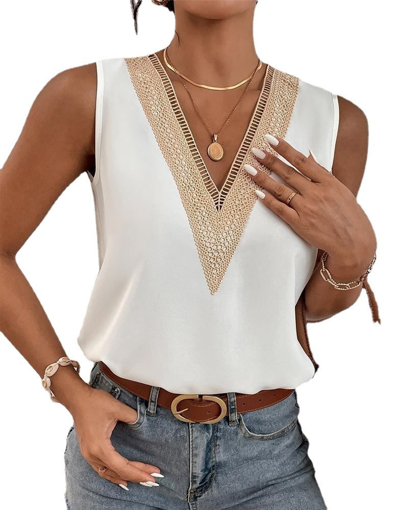 Women's Sleeveless V-neck Stitching Simple Summer Blouses