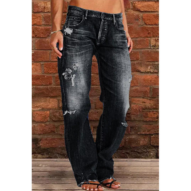 Women's Denim Trousers Trendy Mid Waist Ripped Pants