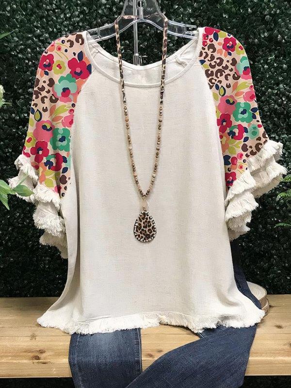 Women's Ruffle Sleeve Round Neck Multicolor Printing Blouses