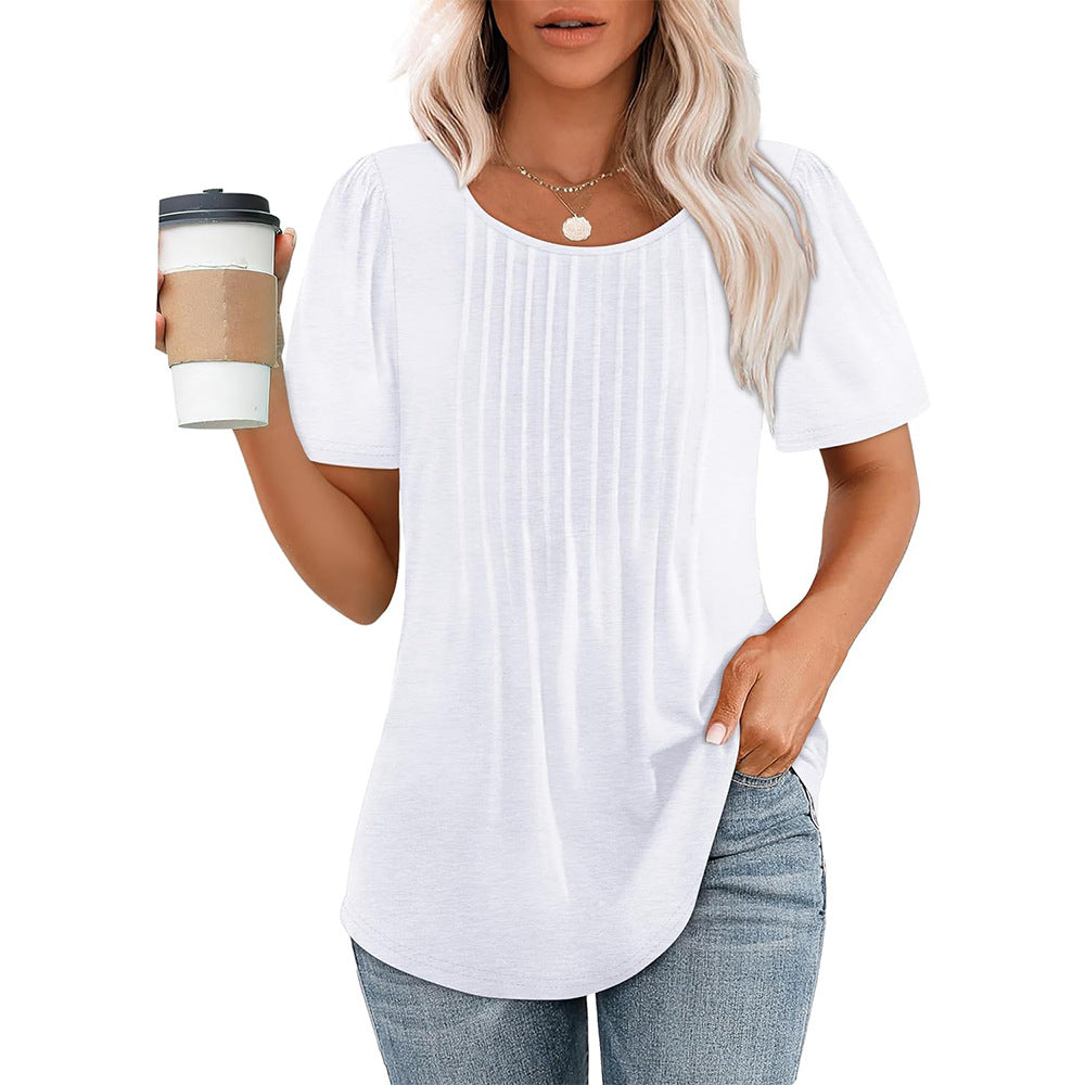 Women's Pleated Round Neck Short-sleeved T-shirt Blouses