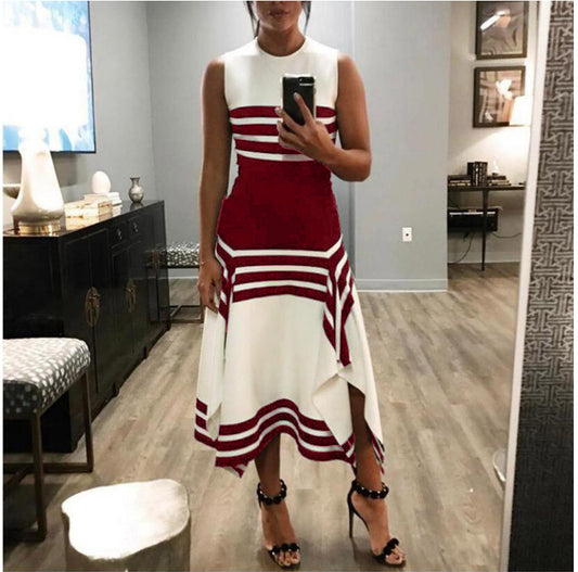 Fashion Round Neck Sleeveless Striped Printed Elegant Stitching Dresses