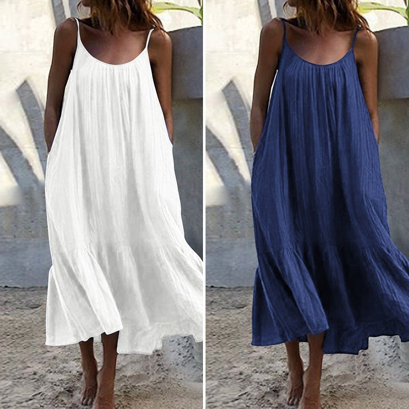 Ruffled Solid Color Dress Sleeveless Loose Dresses