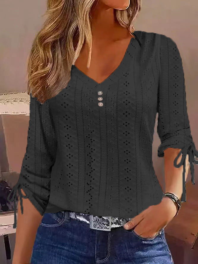 Solid Color Jacquard Button Long-sleeved T-shirt Blouses