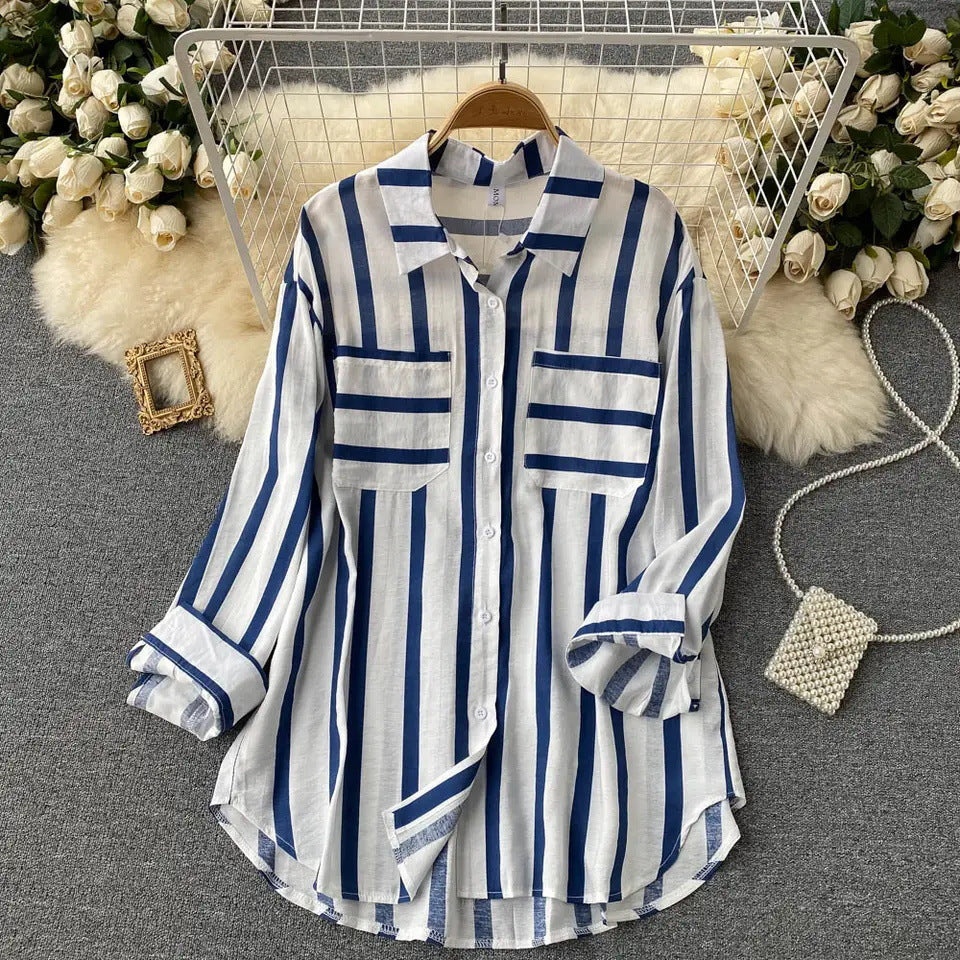 Mid-length Vertical Stripes Shirt Female Korean Blouses