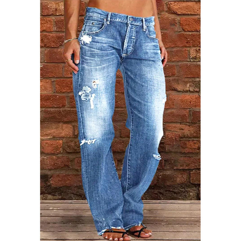 Women's Denim Trousers Trendy Mid Waist Ripped Pants