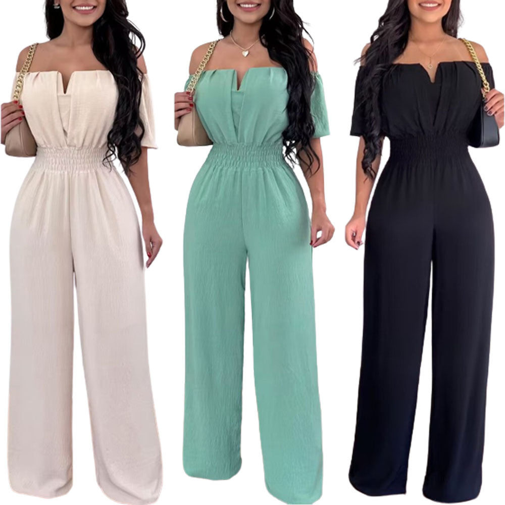 Women's Off-neck Waist Trimming Loose Straight Collar Jumpsuits