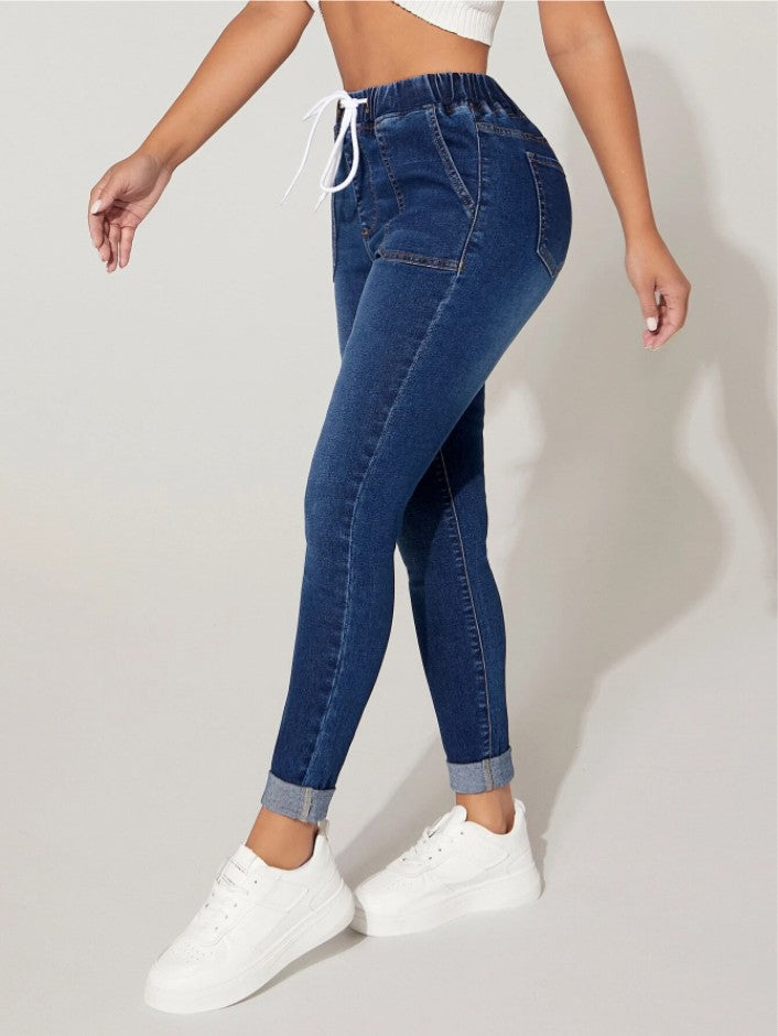 Women's Cropped Drawstring Elastic Waist High Skinny Jeans