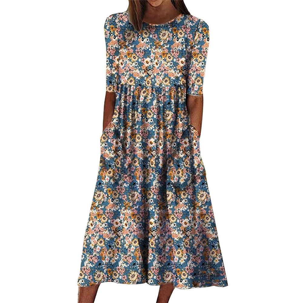 Women's Neck Half Sleeve Loose Casual Pocket Midi Dress Dresses