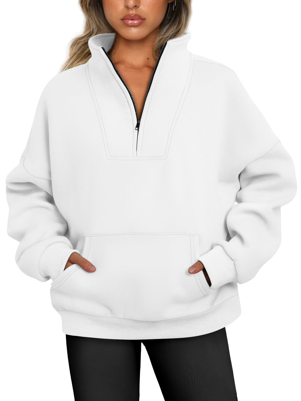 Women's Stand Collar Solid Color Hoodie Pocket Zipper Casual Tops