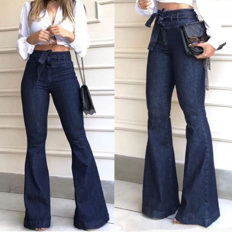 Women's High Waist Elastic Lace-up Bell-bottom Wide Jeans