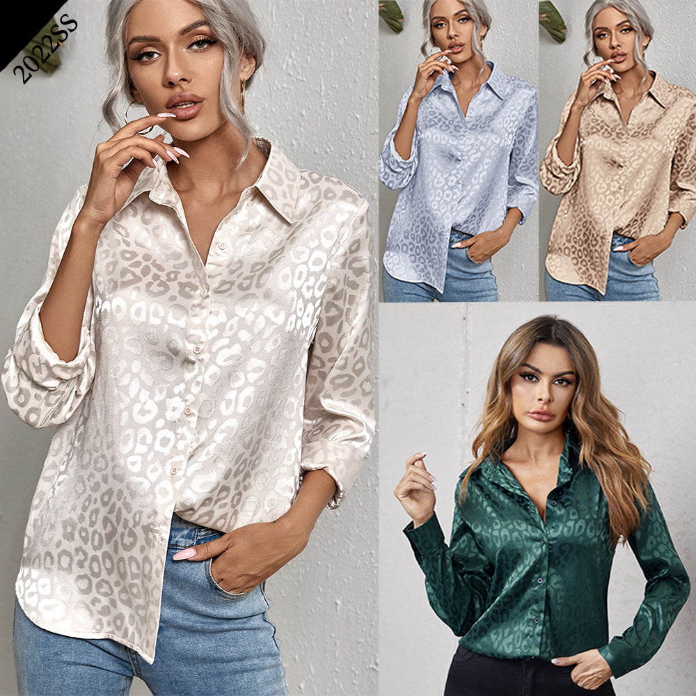 Women's Lapel Button Leopard Temperament Commute Long Sleeve Blouses