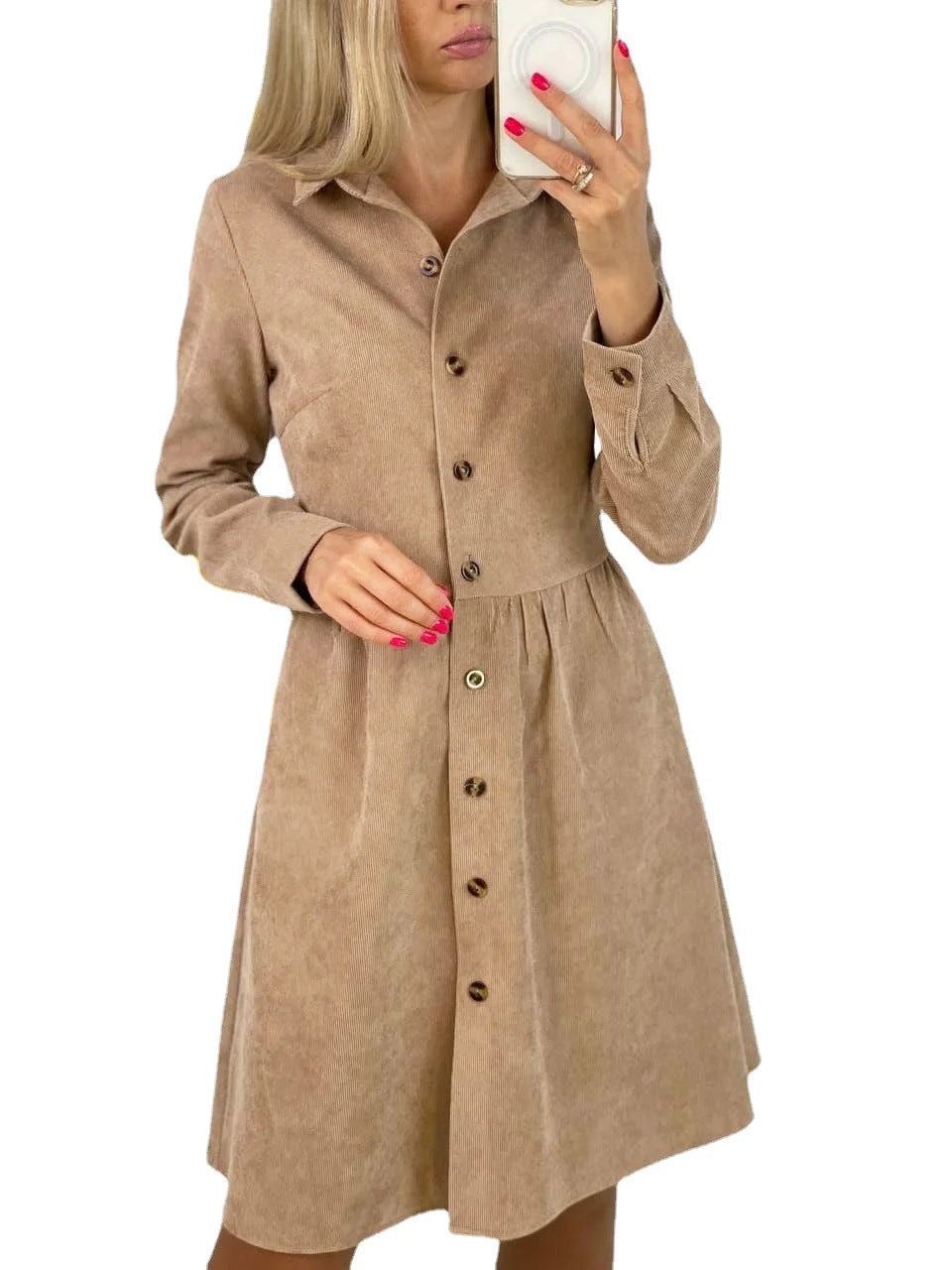 Long Sleeve Single-breasted Shirt Corduroy Dress Dresses