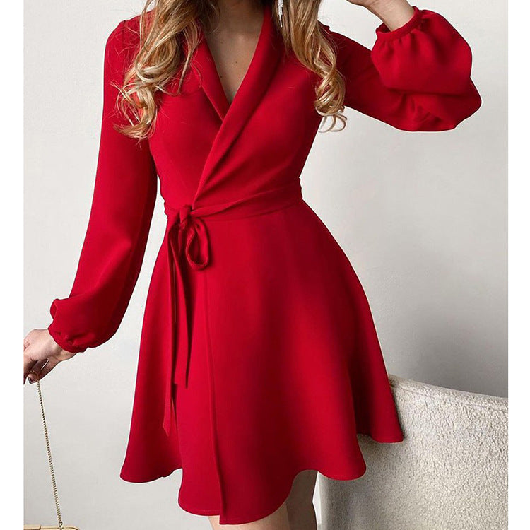 Women's Autumn Temperament Commute One-piece Color Lace-up Dresses