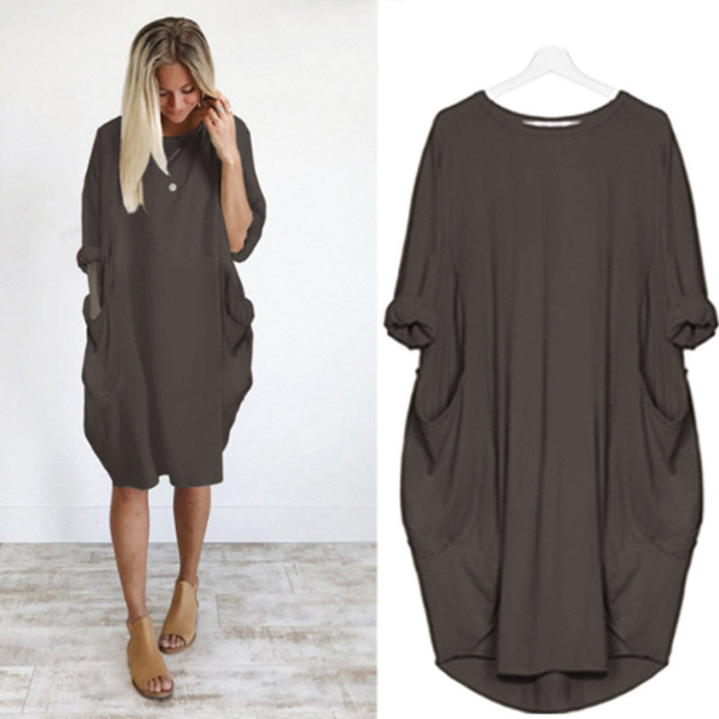 Women's Sleeve Round Neck Solid Color Loose Pockets Dresses