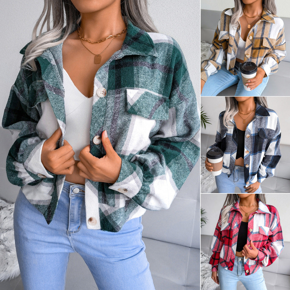 Women's Plaid Lantern Long Sleeve Woolen Jackets